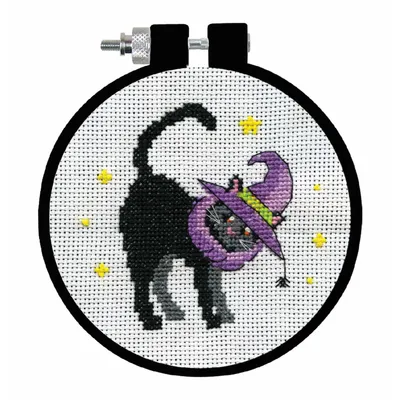 Produktbild von Design Works Kreuzstich Stickpackung mit Stickrahmen "Schwarze Katze", Zählmuster, Diam. 9cm