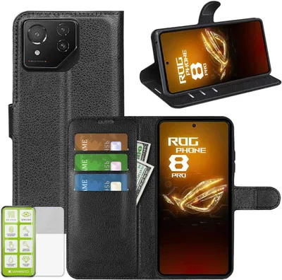 Obrázek produktu pro Pouzdro na mobilní telefon Asus ROG Phone 8 Pro, černé, z umělé kůže + tvrzené sklo H9