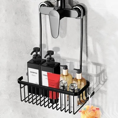 Zdjęcie produktu dla Ibenzoa® Półka pod prysznic montowana bez wiercenia, czarna – Kosz prysznicowy o wymiarach 31x12x10 cm, wykonany z aluminium, wytrzymujący do 20 kg, z haczykami i osłoną silikonową