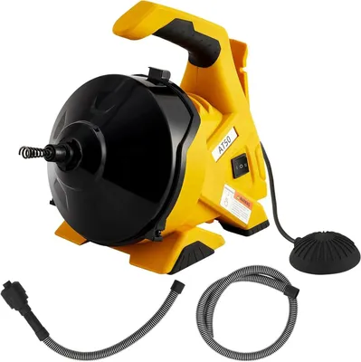 Immagine prodotto di Macchina per la pulizia delle tubature - Spirale elettrica per scarichi - Cavo da 9,1 m - Diametro 7,6 mm - Avanzamento automatico - Pedale - Acciaio inossidabile - Giallo