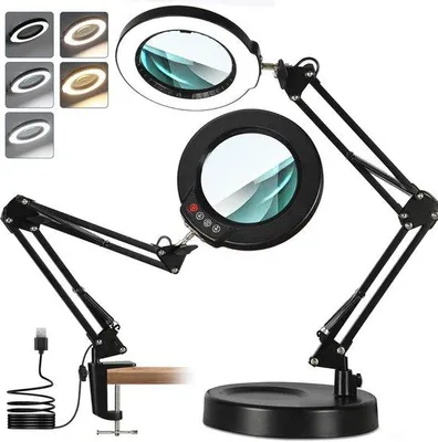 Produktbild von Vergrößerungsglas mit Licht und Ständer - 10x Vergrößerung, dimmbare LED-Schreibtischlampe mit 5 Farbmodi für freihändiges Lesen und Basteln