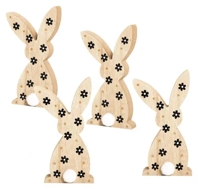 Produktbild von 4 Ostern Holzhasen 15 cm Osterhase braun weiß mit Blümchen