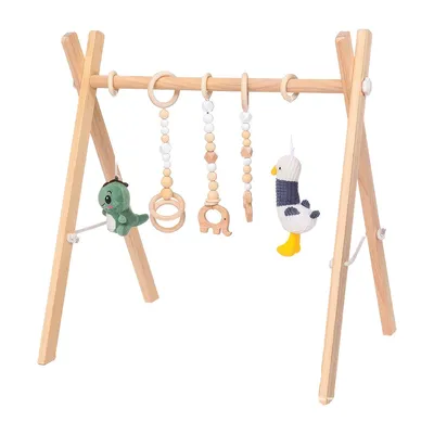 Produktbild von Holz Baby Spielbogen – Baby-Gym aus Kiefernholz mit 5 Hängespielzeugen, sensorisch & motorisch fördernd, leicht zu montieren