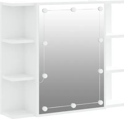 A white mirrored cabinet with shelves and LED lights.