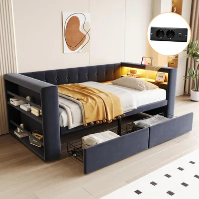 Image de Flieks Canapé-lit 90x190cm avec prise électrique, lit rembourré simple avec Led et 2 tiroirs, lit de jour Daybed lit d'adolescent avec étagère, Flannelette, Gris