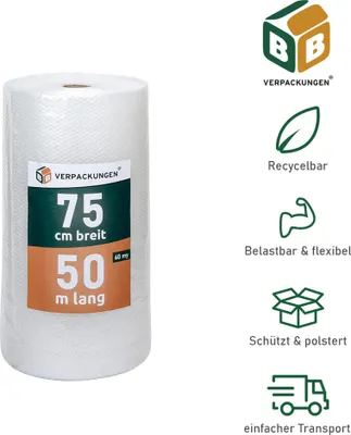 Produktbild von 2 x Luftpolsterfolie (0,75 x 50 m) 2-lagig 60 my Schutzfolie Noppen Versandfolie Polster Verpacken Knallfolie Transport BB-Verpackungen