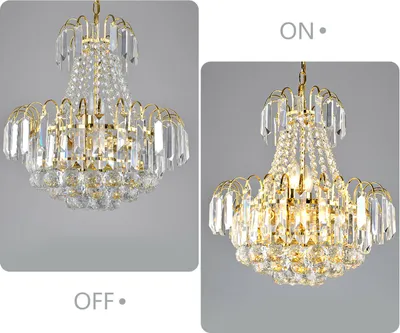Two images of a crystal chandelier, one labeled 'OFF' and the other labeled 'ON', showing the difference in illumination.