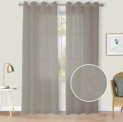 Obrázek produktu pro Unyqoos® Záclona z voilu, vzhled lnu, šedá – částečně průsvitná záclona, sada 2 kusů, rozměry 225 x 140 cm, 8 kovových oček (průměr 4 cm) pro ložnici a obývací pokoj