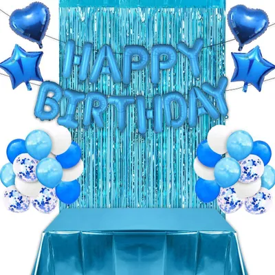 Produktbild von Blaues Geburtstagsdeko Set für Jungen – Happy Birthday Girlande, Herz- & Sternballons, 24 Deko-Elemente in Blau & Weiß mit Konfetti