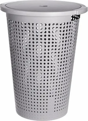 A gray laundry basket with a lid and perforations.