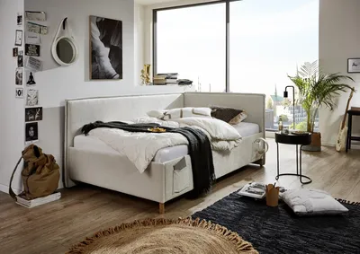 Produktbild von Meise Möbel Kinderbett FUN 90x200 cm | Polsterliege | Bettkasten & Lattenrost | Webstoff Beige | Holzfuß eichefarbig