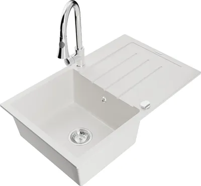 Produktbild von Mexen Bruno 1 Becken-Granitspüle mit Abtropffläche und Mischbatterie Elia, Weiß - 6513-20-670101-00