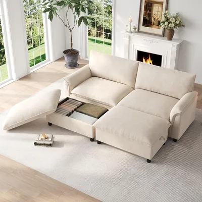 Produktbild von MODFU Sofa Wohnlandschaft 2-Sitzer Loungesofa mit 2 Beweglichem Fußhocker Schlafmöglichkeit mit Stauraum Wohnzimmer Chenille Beige