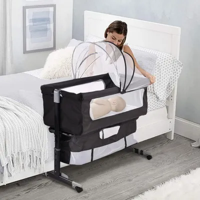 Produktbild von Codododo-Kinderbett mit Matratze und Moskitonetz, faltbares 2-in-1-Beistellbett für Babys von 0 bis 36 Monaten, Babywiege mit Mobile, 92 x 58 x 70-87 cm, schwarz