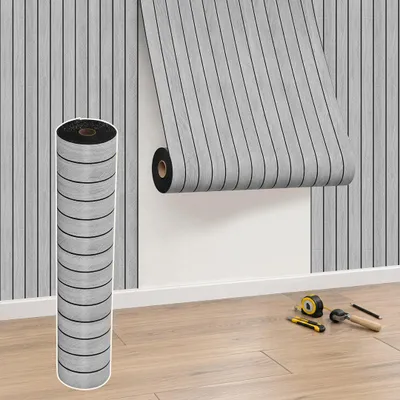 Obrázok produktu pre Ikodm 3D nástenný panel, svetlosivá farba, samolepiaci, vzhľad dreva, tapeta s imitáciou drevených lamiel, rolka 300x40 cm