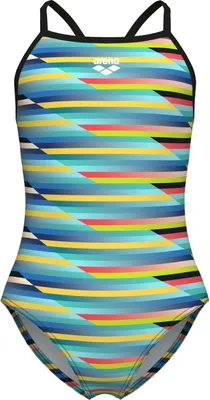 Image de Maillot De Bain De Fille À Rayures « Arena Racing » Avec Dos En Drops Légers, Multi-Noir-Noir-Multi-Noir-Noir, Taille 152