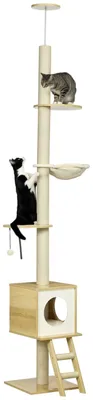 Produktbild von Kratzbaum deckenhoch 240–260 cm, Katzenhaus mit zwei Plattformen, Hängematte, Spielball und Sisalsäulen, Kippschutz, mehrstöckiger Katzenkratzbaum für Katzen bis 5 kg, Hellbraun+Beige, 40 x 40 x 260 cm