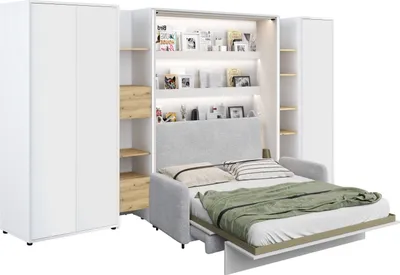 Obrázek produktu pro Sklopná postel s pohovkou Bed Concept 140x200 cm Lenart LED osvětlení Matrace s taštičkovými pružinami Postel ve skříni Sklopná postel Bílá/šedá