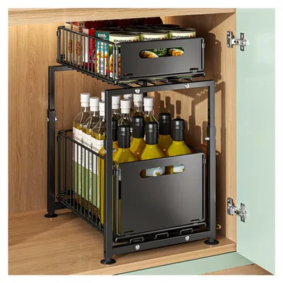 Produktbild von Küchenschrank Organizer mit Teleskopschublade, Doppelschicht Ausziehbarer Schrank Organizer, Metall Schublade für Küchenschränke, 37,5 L x 29 B x 41-49 cm H