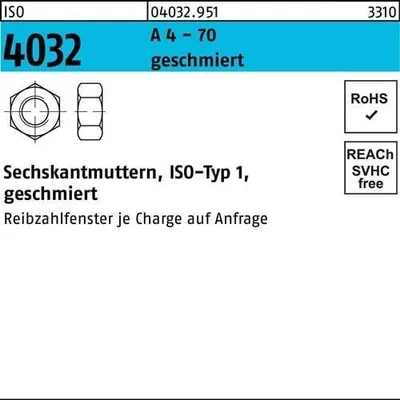 Produktbild von Sechskantmutter ISO 4032 M 12 A 4 - 70 geschmiert