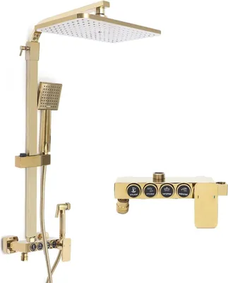 Produktbild von Duschset - Wandmontiertes Duschsystem - Quadratische Regendusche - Handbrause & Spritzpistole - 4 Strahlarten - Edelstahl - Warm- und Kaltwasser - Gold