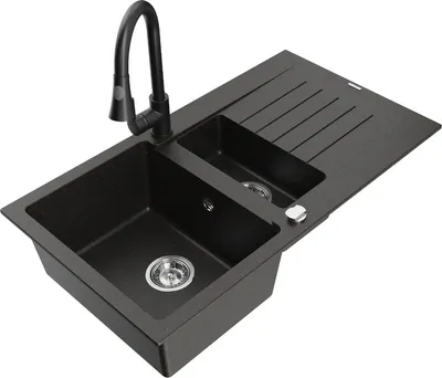Produktbild von Mexen Matias 1,5-Becken-Granitspüle mit Abtropffläche und Mischbatterie Elia, Schwarz/Gold metallisch - 6502-75-670101-70