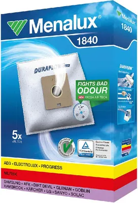 Packaging for Menalux vacuum cleaner bags, model 1840, showing the product and listing compatible brands.