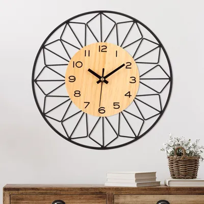 Image de Omgoods - Grande horloge murale en bois et métal - 40 cm, design moderne et silencieux