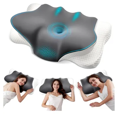 Produktbild von 2-in-1 Memory-Schaum-Kissen, Orthopädisches Nackenkissen mit Eisseidenbezug, Stützendes Nackenkissen, Ergonomisches Kissen für Seitenschläfer, Rückenschläfer und Bauchschläfer, 64×36×12/9 cm