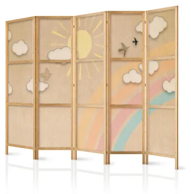 Produktbild von Muralo Japanischer PARAVENT 5-teilig Raumteiler klappbar PREMIUM-Vliesleinwand SONNE UND REGENBOGEN für Kinderzimmer 225cmx172cm