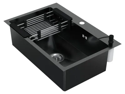 Produktbild von HAGO24 Einbauspüle 68x45cm Edelstahl Küchenspüle Spülbecken Eckig Ablaufgarnitur Schallschutz Universal Anthrazit Seifenspender Abtropfkorb