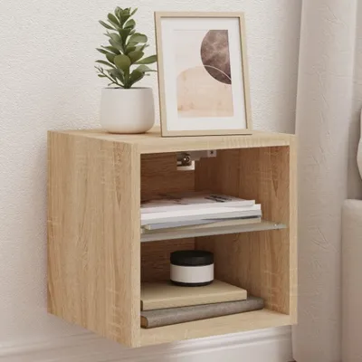 Imagen del producto de Maison Exclusive: Mueble de pared para televisión con iluminación LED, acabado en roble Sonoma, dimensiones 30x28,5x30 cm