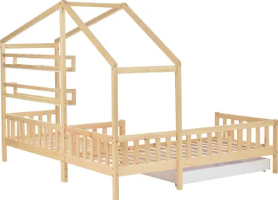 Produktbild von Kinderbett mit 2 Liegeflächen, 90x200cm/70x140cm, Hausbett inkl. Schublade, Lattenroste und Regale, Holzbett mit Zaun