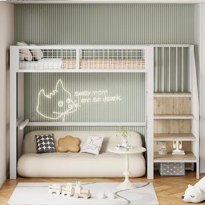 A loft bed with a sofa underneath, set in a bedroom with green striped walls.