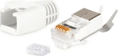 Produktbild von S/CONN maximum connectivity Netzwerk Modular Stecker RJ45 SET für Verlegekabel bis AWG 23, Stecker mit Zugentlastung, Einführhilfe und Tülle, weiß VE 1 (72067-W)