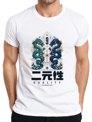 Productafbeelding van Duality, Japans draak, Yin Yang, Azië, Japan, Y2K, Verre Oosten, Kanji, Heren T-shirt, Wit, Maat L