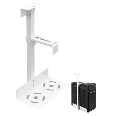 Produktbild von Metall PC-Halterung für Untertisch & Wandmontage – höhenverstellbar, weiß, 135–235 mm Breite, stabile Konstruktion