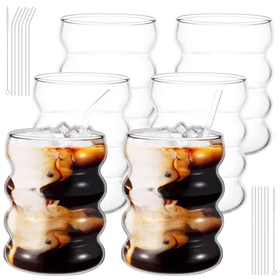 6 gerippte Gläser 350 ml mit Glasstrohhalmen, Tumbler