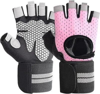 Imagen del producto de Guantes deportivos, antideslizantes, con ajuste de firmeza de las almohadillas, cobertura completa de la palma, ligeros, color rosa, talla XL, modelo con soporte.