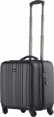 A black trolley suitcase with a retractable handle and a combination lock.
