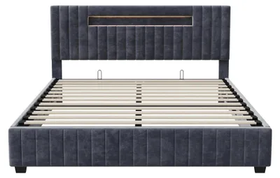 Immagine prodotto di Letto imbottito 160x200 cm - Letto matrimoniale con contenitore - Letto con sistema di sollevamento - Rivestimento in velluto - Testiera illuminata a LED - Grigio