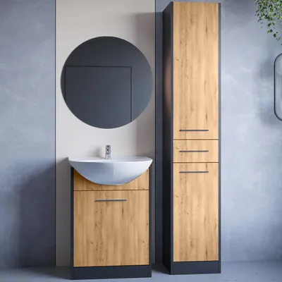 Zdjęcie produktu dla Meble do łazienki z lustrem NEPPA LONG czarny / dąb artisan laminat