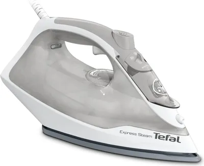 A white and gray Tefal steam iron is shown against a white background.