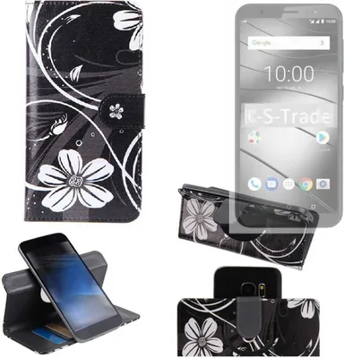 Produktbild von K-S-Trade Schutzhülle Handyhülle kompatibel mit Gigaset GS185 Hülle 360° Wallet Case ''Flowers'' Klapphülle Hülle schwarz-weiß 1x