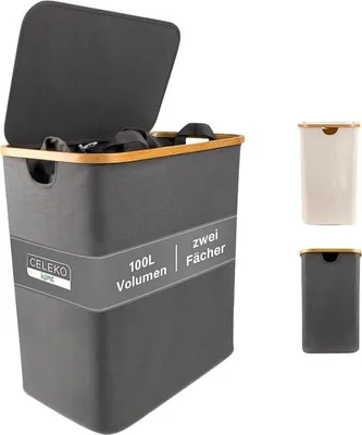 Produktbild von Famanu Wäschekorb 100 Liter - Eckenform mit Deckel - Dunkelgrau/Anthrazit Schwarz