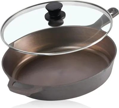 Produktbild von Gepolierte Gusseisenpfanne mit Deckel - Bratpfanne - 25 cm - Gusseisen