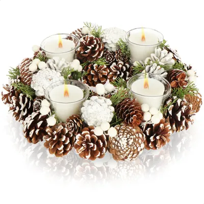 Produktbild von COM-FOUR® Tischkranz für Weihnachten - weißer Adventskranz mit Zapfen - Dekokranz mit 4 Teelichthaltern - Weihnachtskranz mit Kerzenhalter