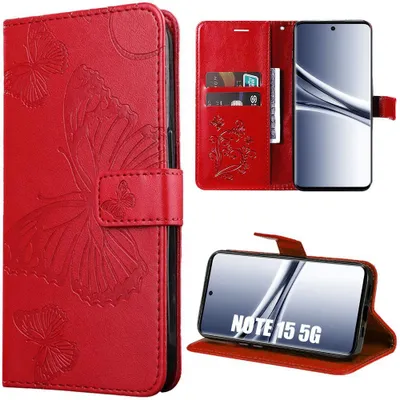 Image de Coque pour Xiaomi Redmi Note 15 5G/4G, Protection Anti-Rayures Synthécuir Relief Papillon - Rouge