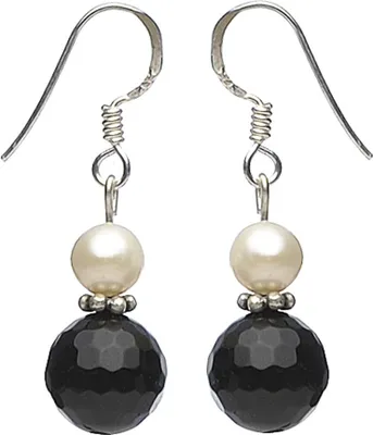 Produktbild von Ohrringe Ohrhaken Orhänger aus Onyx facettiert & Perlen & 925 Silber schwarz weiß für Damen