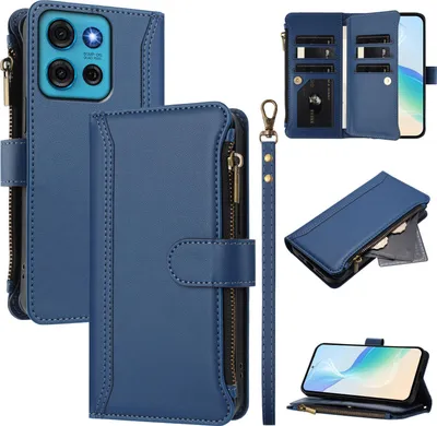 Obrázek produktu pro Pouzdro pro Motorola Moto G75, zipem, peněženkovéPolyuretankožené flip pouzdro s kapsami na karty, stojánkem a poutkem na ruku modrý